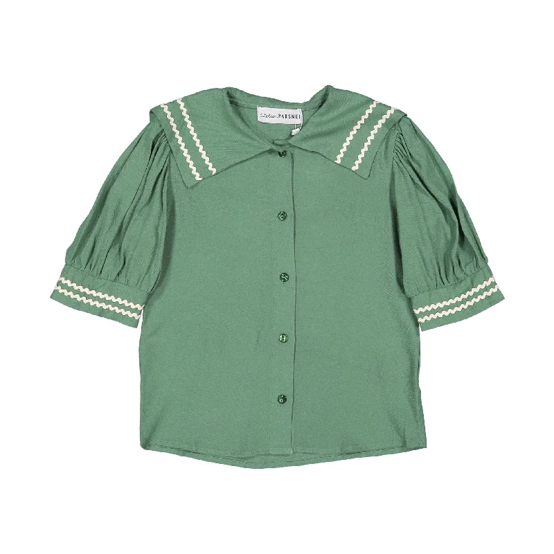 Atelier Parsmei Basil Green Ric Rac Detailed Blouse Delicate Bow Blouse