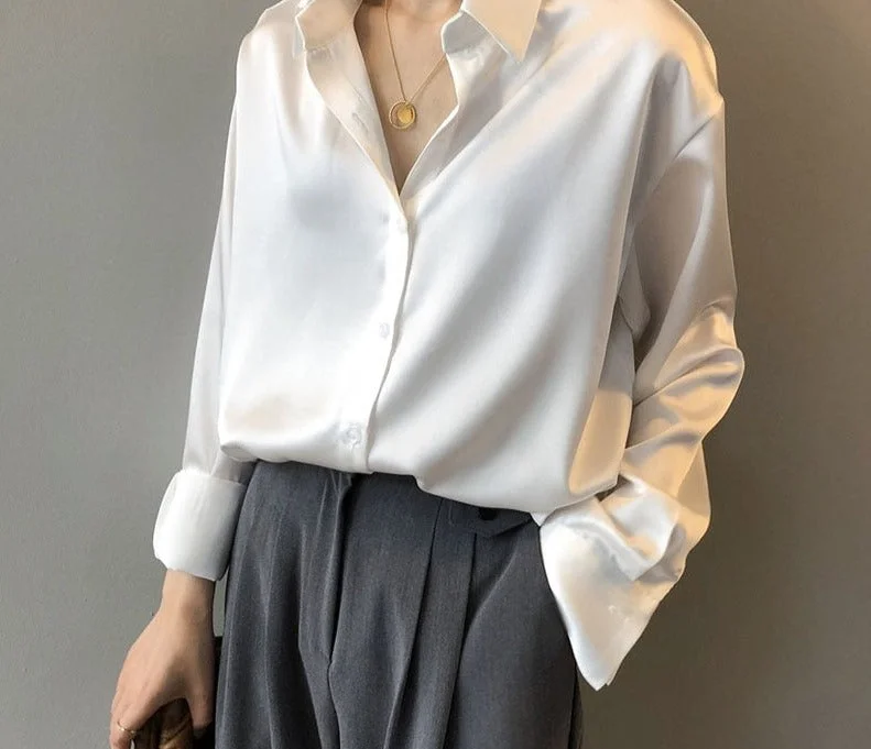 Autumn Button Up Satin Silk Shirt Vintage Blouse Women White Lady Long Sleeves Female Loose Street Shirts Semi-Sheer Blouse
