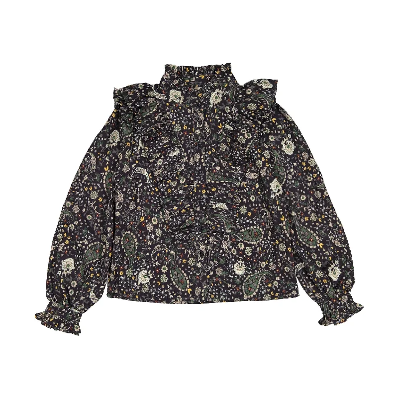 Ava and Lu Black Paisley Blouse Silky Draped Blouse