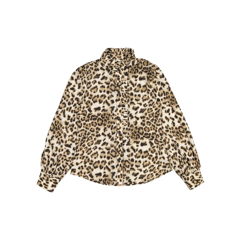 Ava and Lu Leopard Ruffle Trim Blouse Casual Relaxed Fit Blouse