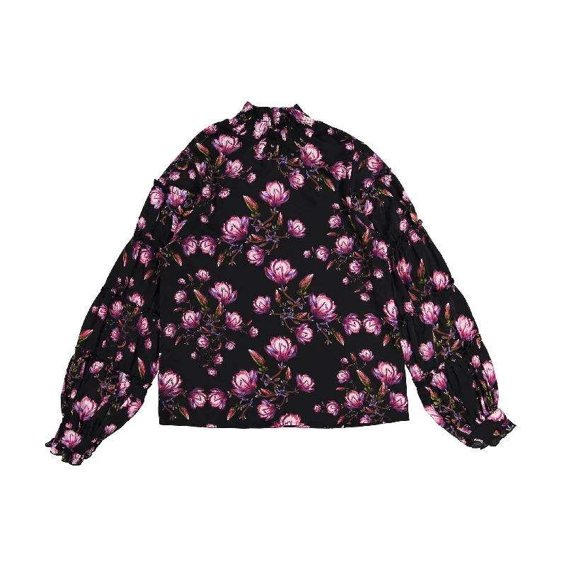 Ava and Lu Purple Roses All Over Blouse Chic Ruffle Blouse