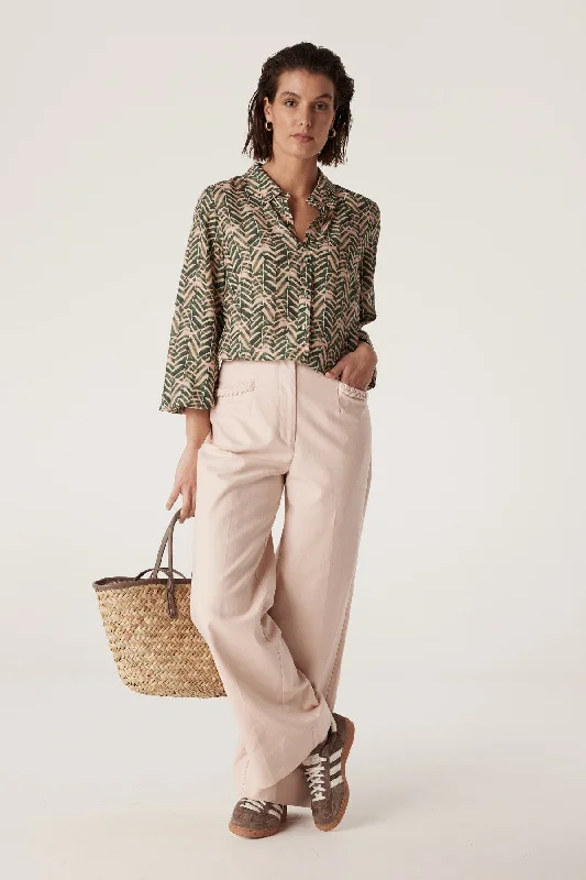 Avalon Relaxed Blouse - Green Blush Print Embroidered Cotton Blouse