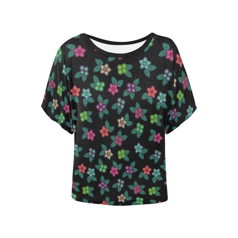 Berry Flowers Black Women's Batwing-Sleeved Blouse T shirt Satin Long Blouse