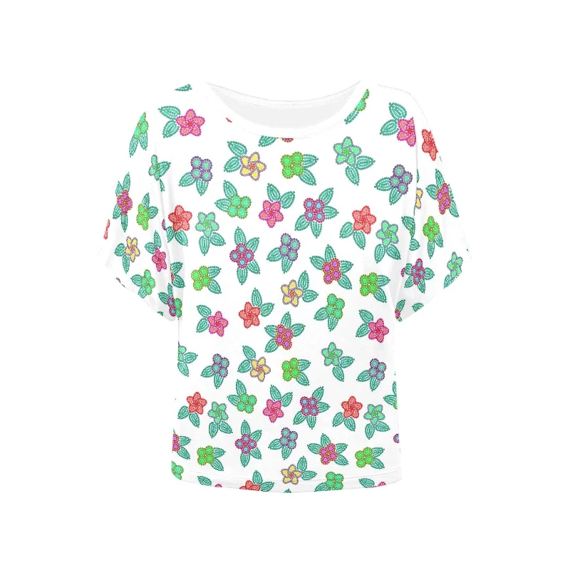Berry Flowers White Women's Batwing-Sleeved Blouse T shirt Playful Puff Blouse