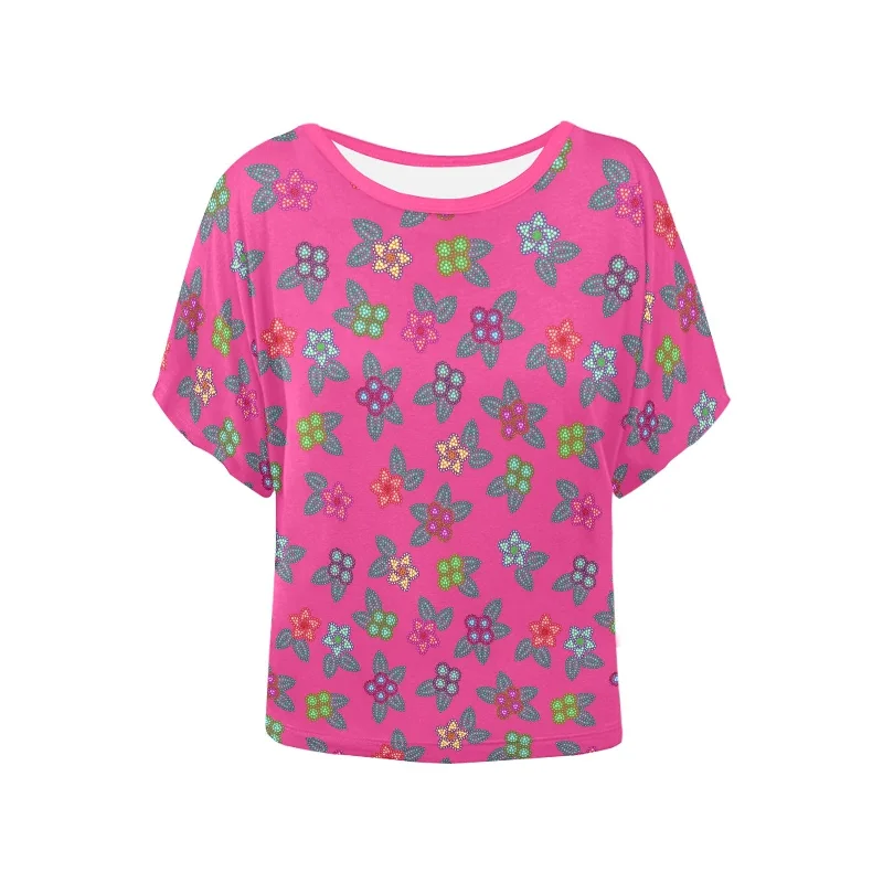 Berry Flowers Women's Batwing-Sleeved Blouse T shirt Gathered Detail Blouse
