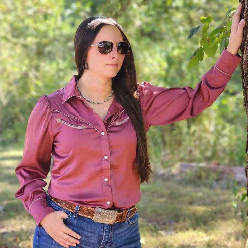Berry Satin Puff Sleeve Western Blouse Floral Print Blouse
