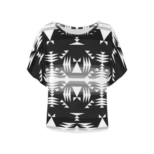 Between the Mountains Black and White Women's Batwing-Sleeved Blouse T shirt Soft Satin Blouse Between the Mountains Black and White Women's Batwing-Sleeved Blouse T shirt Soft Satin Blouse