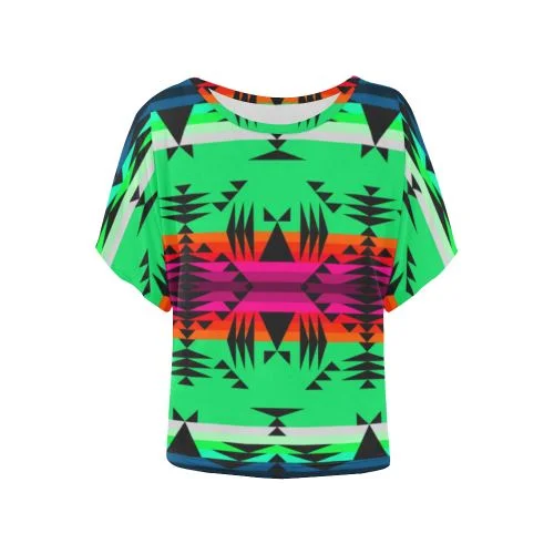Between the Mountains Deep Lake Women's Batwing-Sleeved Blouse T shirt Classic Striped Blouse
