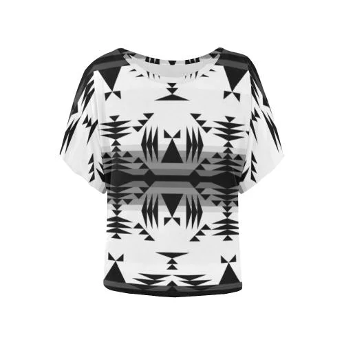 Between the Mountains White and Black Women's Batwing-Sleeved Blouse T shirt Smart Casual Blouse Between the Mountains White and Black Women's Batwing-Sleeved Blouse T shirt Smart Casual Blouse