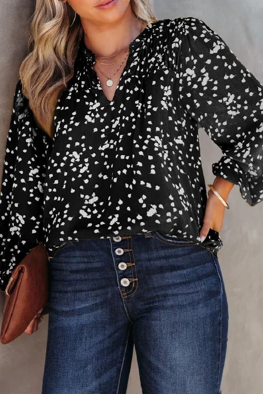 Black Printed Split Neck Shirred Bubble Sleeve Blouse Floral Print Blouse