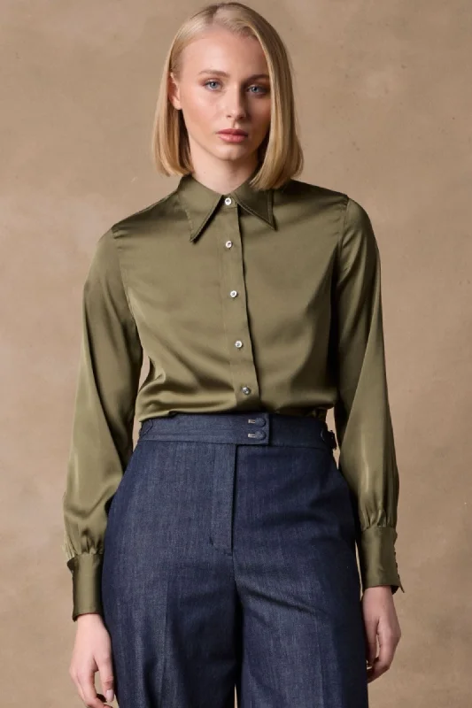 Blakely Pussy Bow Blouse - Olive Silk Casual Button Blouse