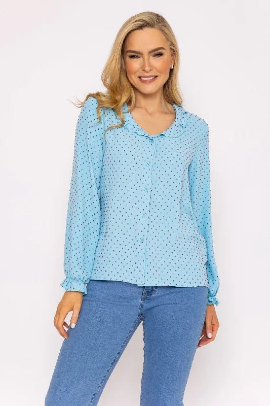 Blue Dobby Jacquard Blouse Casual Relaxed Fit Blouse