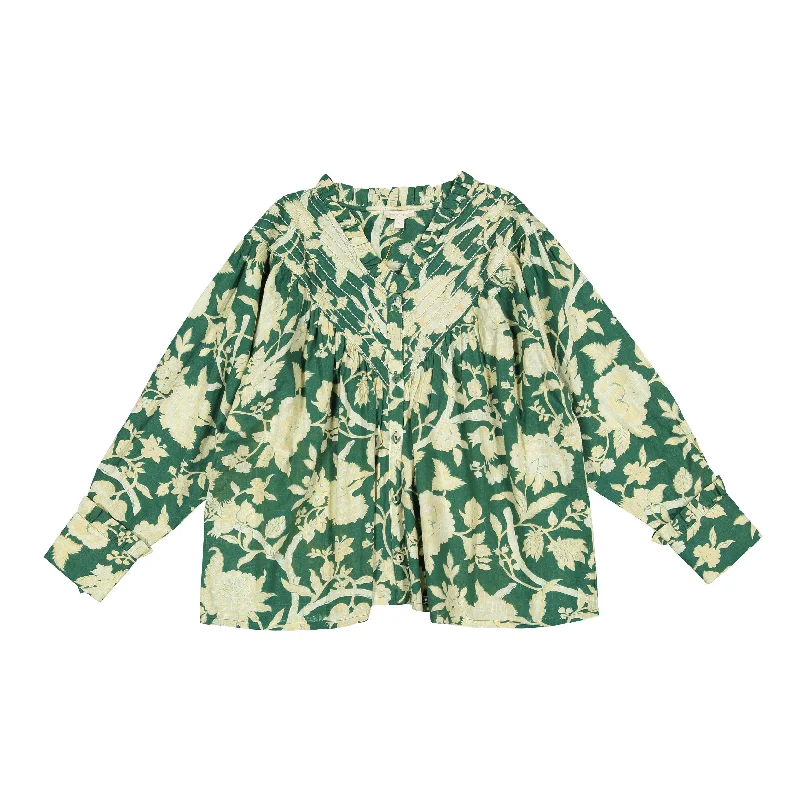 Bonjour Autumnal Green Flower Women Blouse Classic Striped Blouse