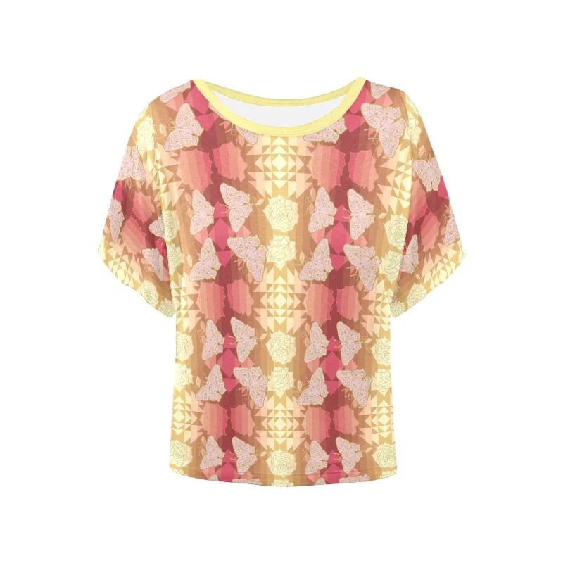 Butterfly and Roses on Geometric Women's Batwing-Sleeved Blouse T shirt Feminine Puff Blouse