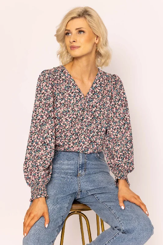 Button Blouse in Pink Print Embroidered Floral Blouse