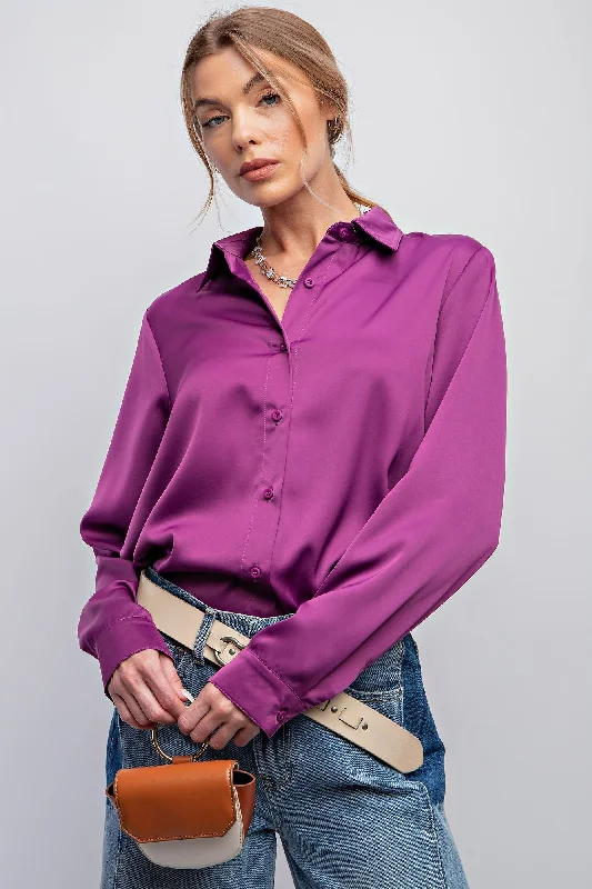 BUTTON DOWN SATIN BLOUSE SHIRT -(2colors) Stylish Wrap Blouse