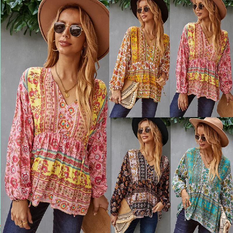 Casual Resort Top Long Sleeve Print Blouse Relaxed Fit Blouse