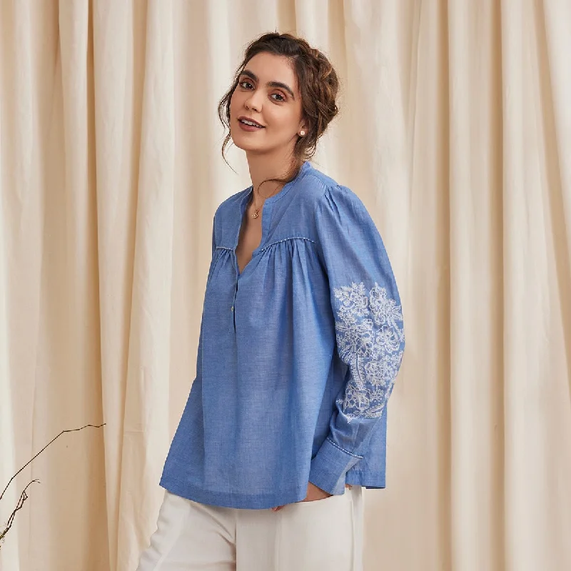 Celine - Organic Cotton Blouse with Embroidery - Blue Feminine Satin Blouse