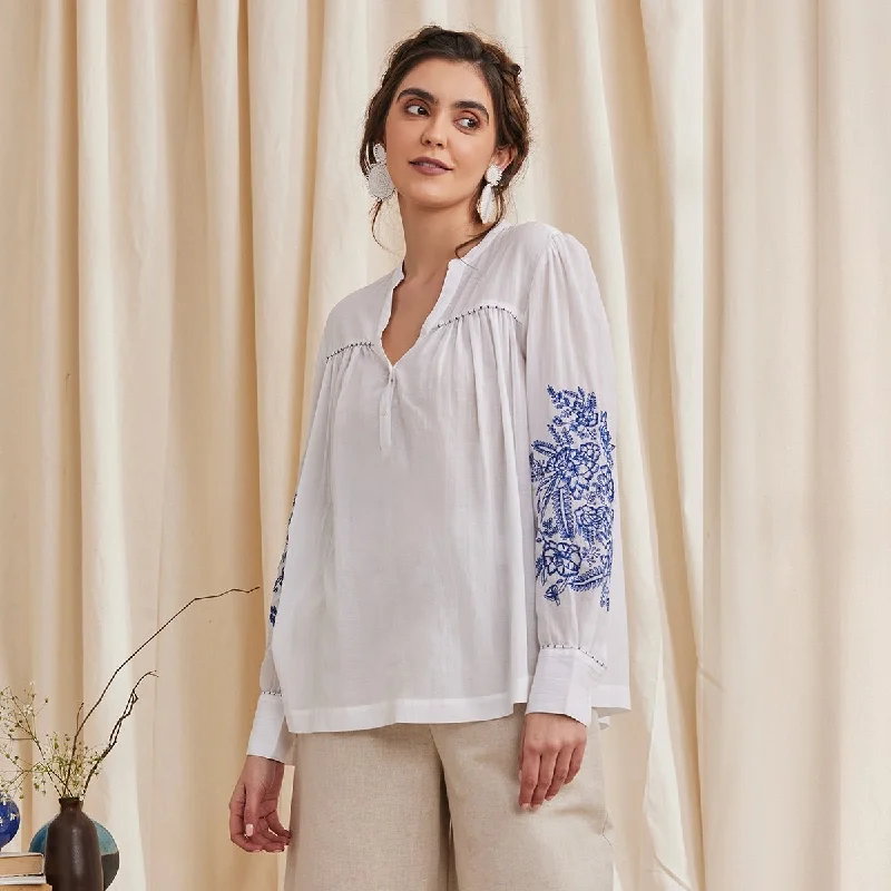 Celine - Organic Cotton Blouse with Embroidery - White Delicate Bow Blouse