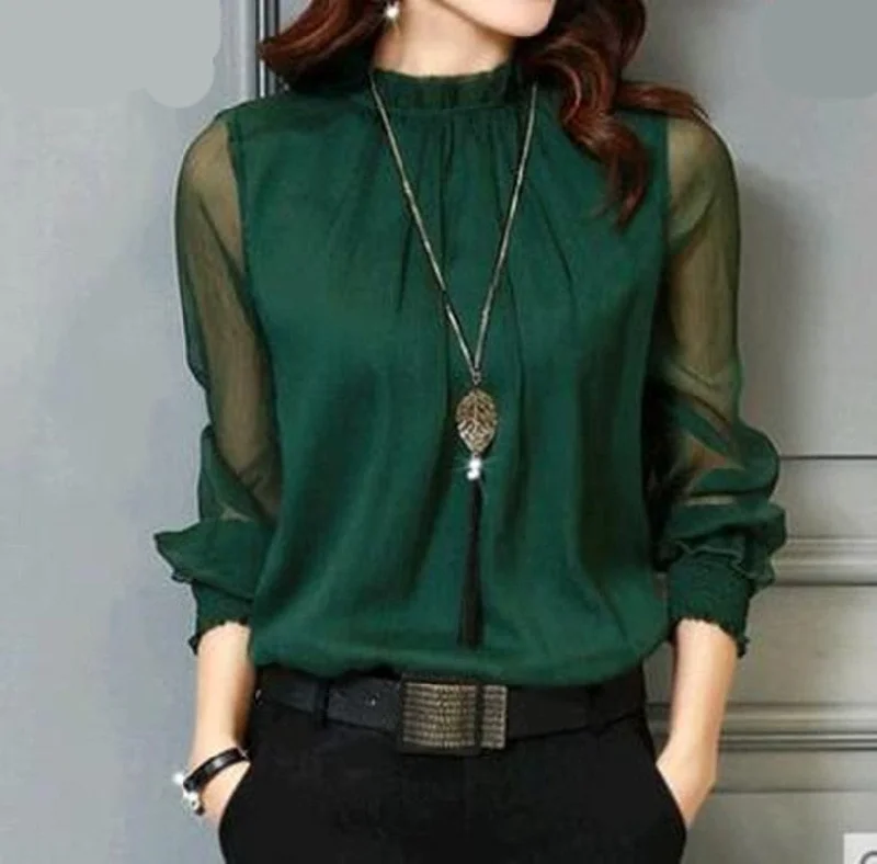 Chiffon Blouse Tops Long Sleeve Stand Neck Work Shirts Elegant Embroidery Blouse