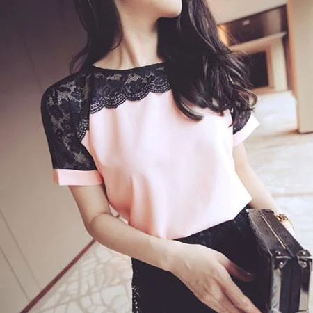 Chiffon Women Blouses Lace Short Sleeve Pink Shirts Casual Button Blouse