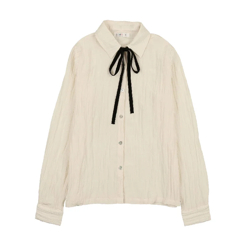 Coco Blanc Cream Silk Blouse With Velvet Tie Embroidered Floral Blouse