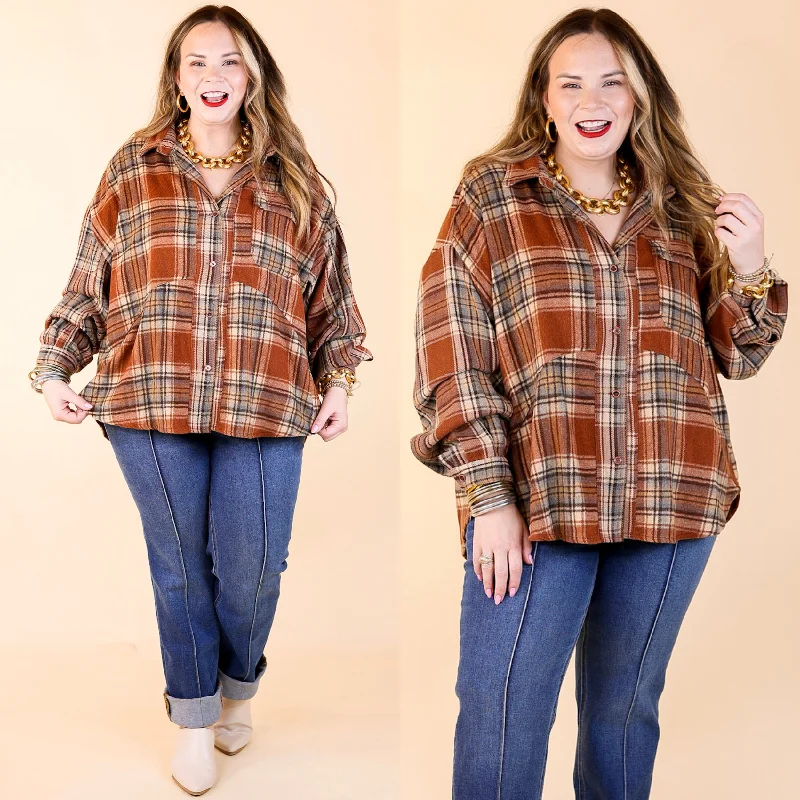 Coffee At Sunrise Button Up Plaid Shacket with Long Sleeves in Rust Brown Oversized Silk Blouse Coffee At Sunrise Button Up Plaid Shacket with Long Sleeves in Rust Brown Oversized Silk Blouse