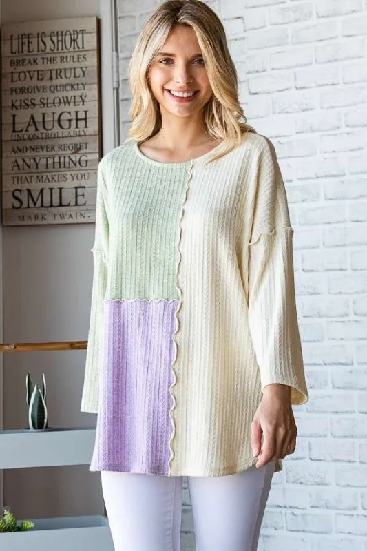 Color Block Round Neck Dropped Shoulder Blouse Vintage Polka Blouse