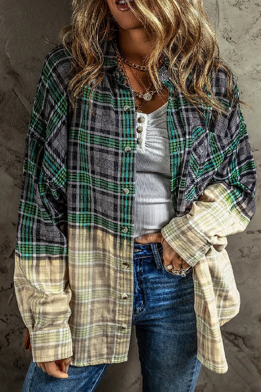 Plaid Chest Pocket Button Shacket Loose Fit Blouse