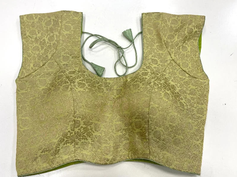 Brocade Blouse - Parrot Green Golden Feminine Tie Blouse