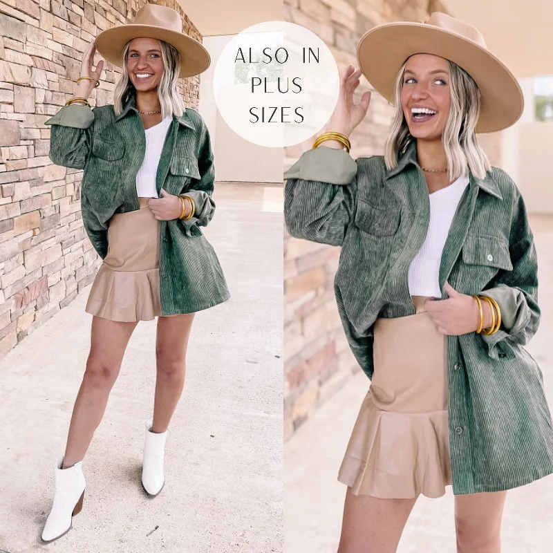 Latte Sips Button Up Corduroy Shacket in Olive Green Modern Work Blouse