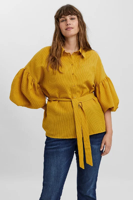 Curve - 3/4 Length Sleeve Blouse in Gold High Neck Blouse
