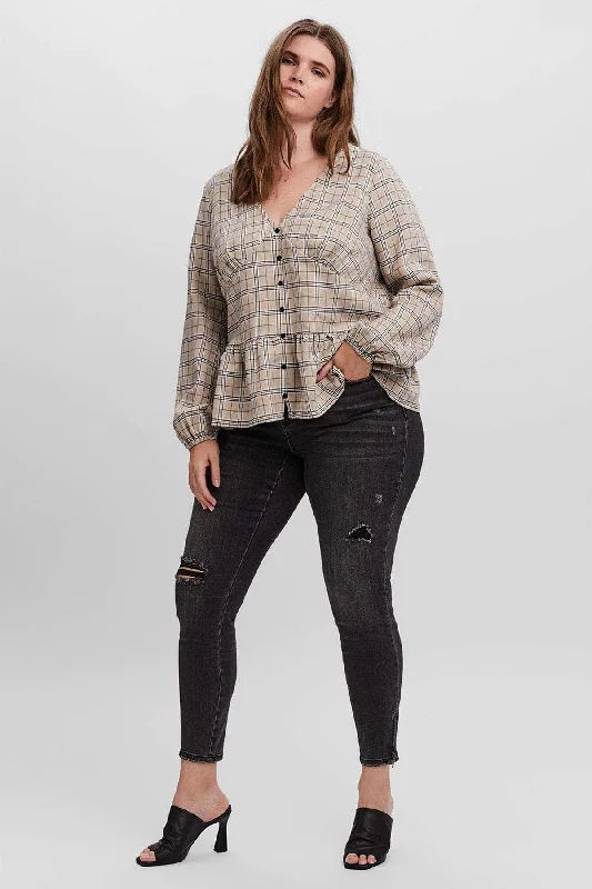 Curve - Long Sleeve Blouse in Check Lightweight Linen Blouse