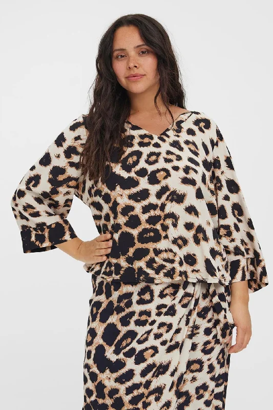 Curve - Ulina V-Neck Blouse in Animal Print Elegant Semi-Sheer Blouse