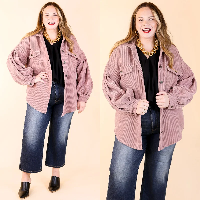 Cute Collab Button Up Corduroy Shacket with Balloon Sleeves in Mauve Puff Sleeve Blouse Cute Collab Button Up Corduroy Shacket with Balloon Sleeves in Mauve Puff Sleeve Blouse