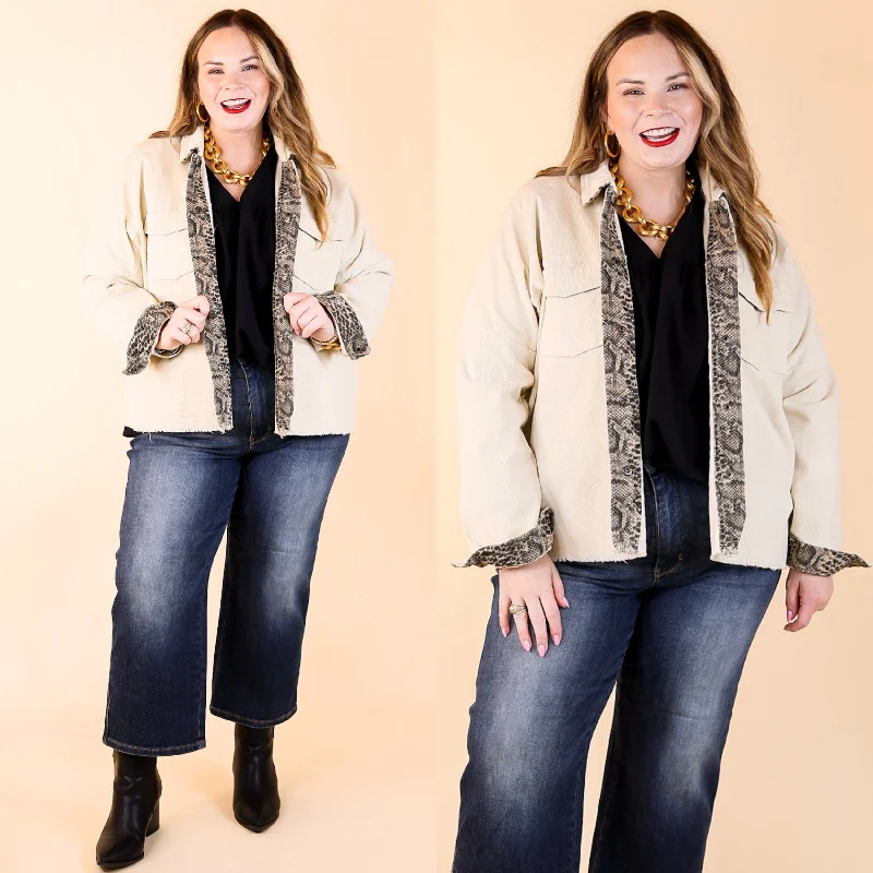 Deer Valley Resort Corduroy Shacket with Animal Print Trim in Ivory Off-Shoulder Wrap Blouse