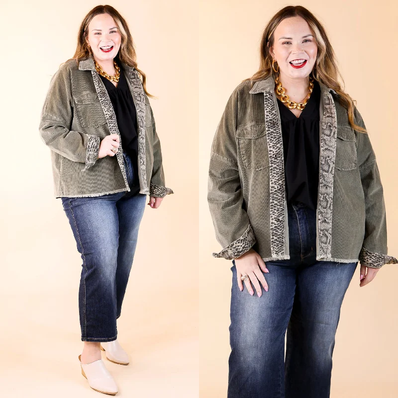Deer Valley Resort Corduroy Shacket with Animal Print Trim in Olive Green Elegant Semi-Sheer Blouse Deer Valley Resort Corduroy Shacket with Animal Print Trim in Olive Green Elegant Semi-Sheer Blouse
