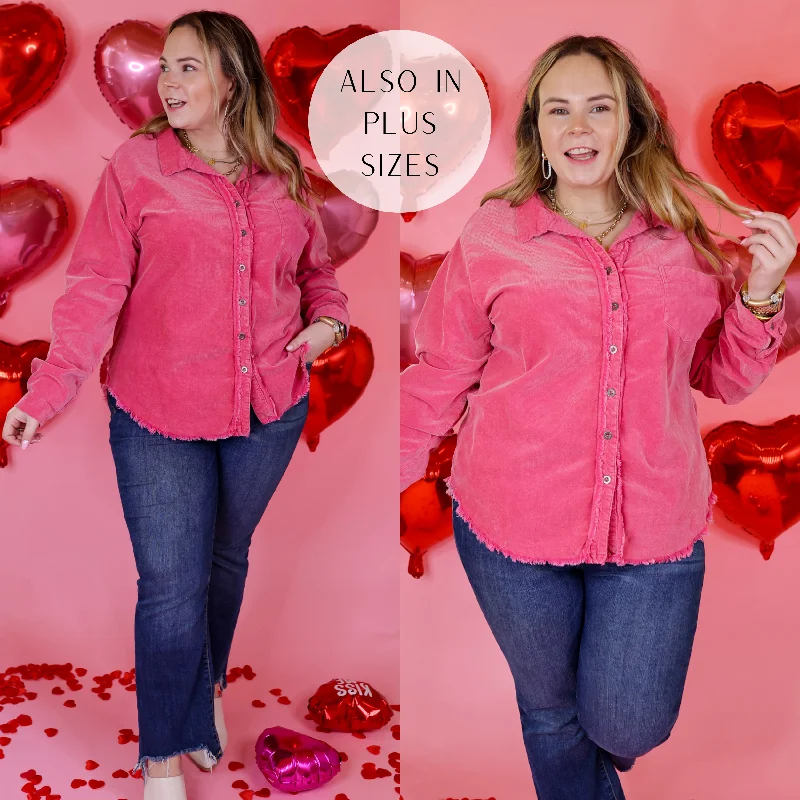 Dial It In Button Up Corduroy Shacket with Raw Hem in Pink Loose Oversized Blouse