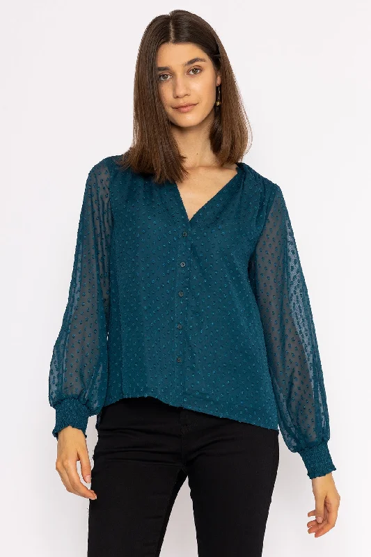Dobby Texture Blouse in Teal Delicate Bow Blouse