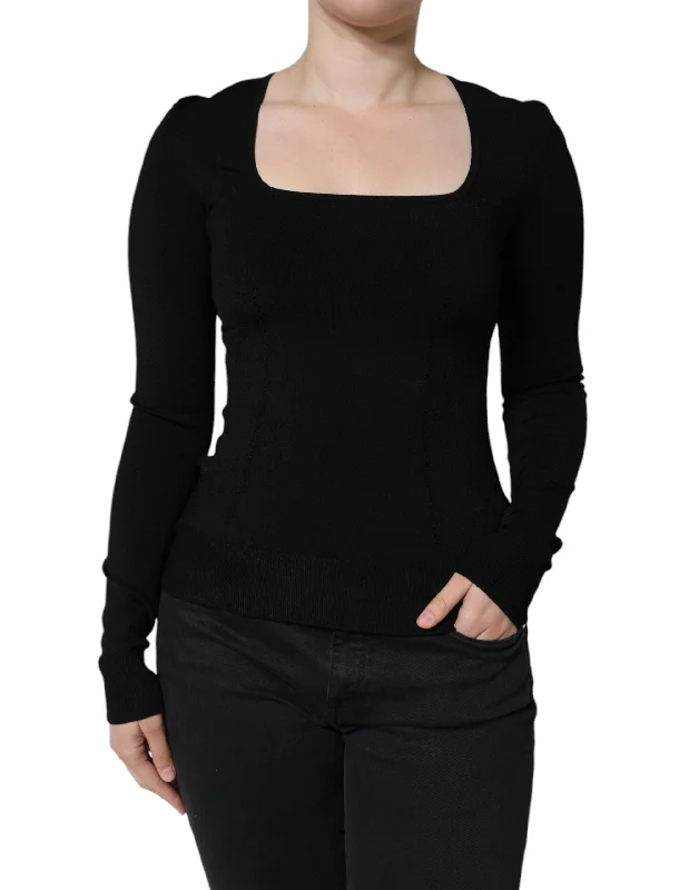 Dolce & Gabbana Black Long Sleeves Blouse Square Neck Top Classic White Blouse