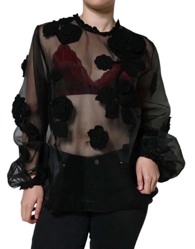 Dolce & Gabbana Black Nylon Mesh Transparent Floral Blouse Chic Sleeveless Blouse
