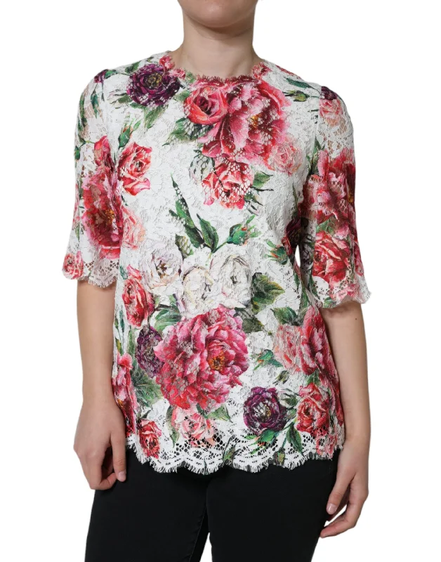 Dolce & Gabbana White Peony Lace Short Sleeves Blouse Top Casual Button Blouse