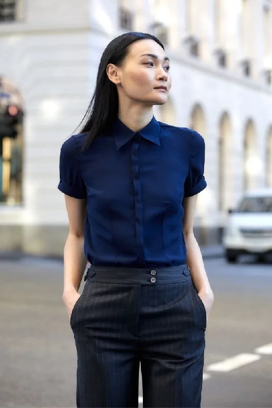 Eva Short Sleeve Blouse - Navy Silk Stretch Asymmetric Hem Blouse