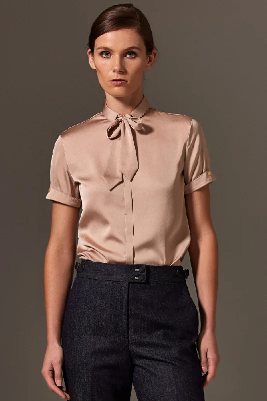 Eva Short Sleeve Blouse - Nude Silk Stretch Casual Button Blouse