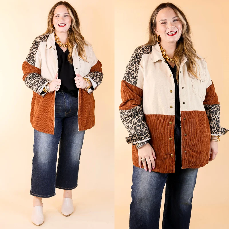 Extended Stay Print Block Button Up Shacket in Brown Mix Casual Stripe Blouse