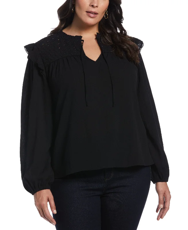 Plus Size Eyelet Yoke Ruffle Gauze Blouse Slim Fit Blouse