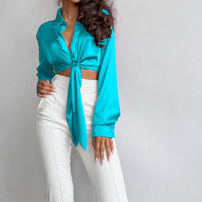 Fashion Elegant Lapel Long Sleeve Cropped Long Sleeve Blouses Chic Square Blouse