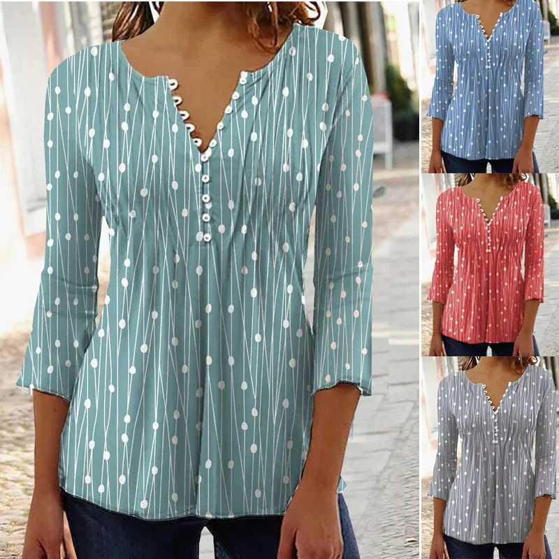 Fashion Printed Long Sleeved Shirt V-neck Blouses Ladies Casual Stripe Blouse