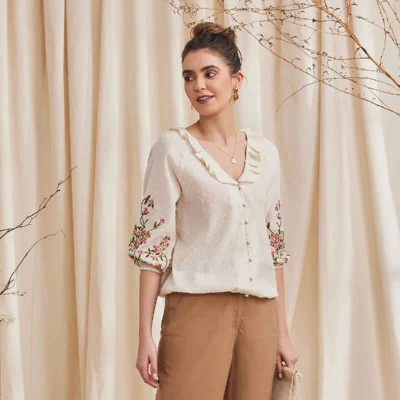 Fiona - Organic Cotton Blouse with Embroidered Sleeves - Ecru Semi-Sheer Blouse