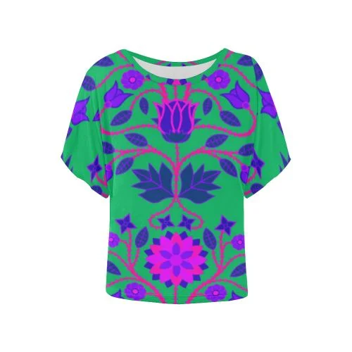 Floral Beadwork Four Clans Deep Lake Women's Batwing-Sleeved Blouse T shirt Chic Square Blouse Floral Beadwork Four Clans Deep Lake Women's Batwing-Sleeved Blouse T shirt Chic Square Blouse